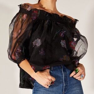 CYNTHIA ROWLEY 🏷️NWT Black Floral Organza Shoulder Strapless Sleeve Blouse S